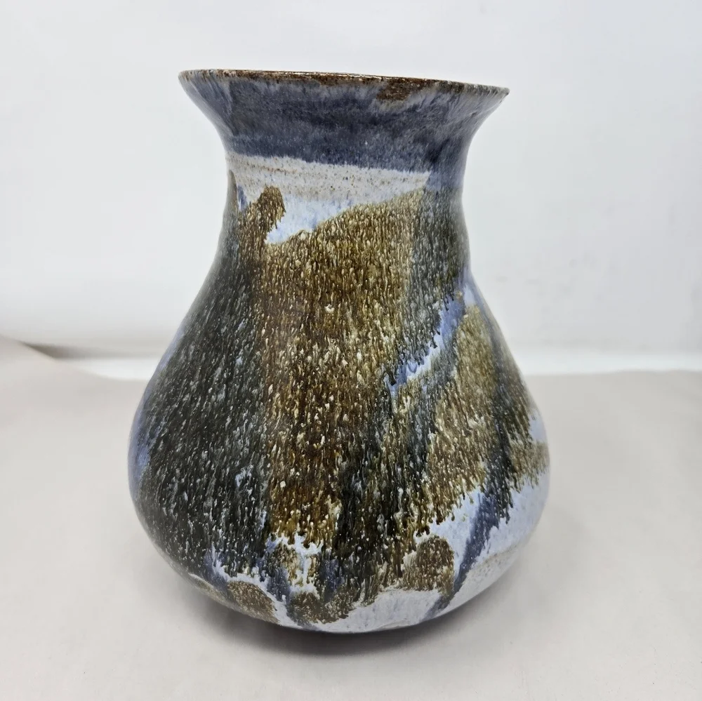 Studio Pottery Signed T. Gleason Earth Tones Blues & Browns Glazed Vase Medium